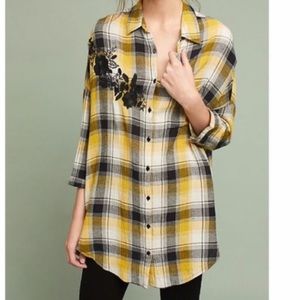 Maeve Yellow Plaid Floral Embroidered Button Down
